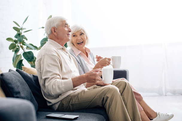 vista laterale di marito e moglie sorridente che tengono le tazze e si siedono sul divano in appartamento
  - Foto, immagini