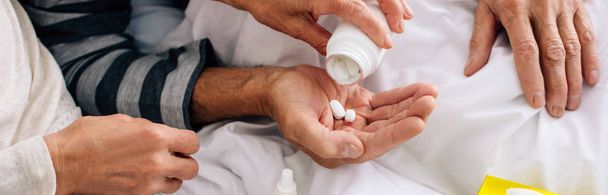 panoramic shot of wife giving pills to ill husband  - Foto, afbeelding