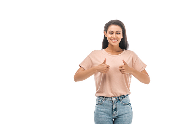 happy african american woman looking at camera and showing thumbs up isolated on white - Φωτογραφία, εικόνα