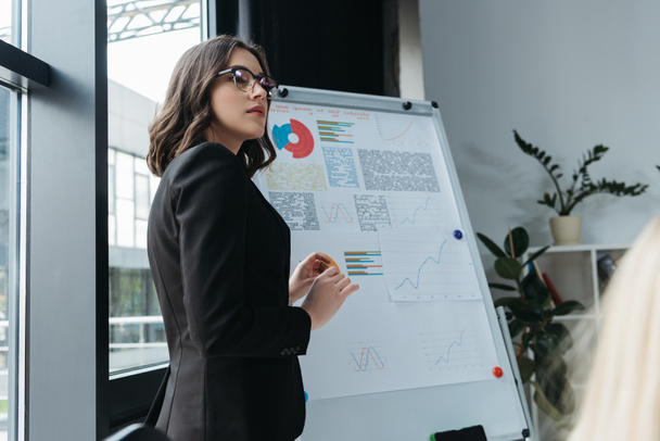 young businesswoman standing near flipchart with infographics during business meeting - 写真・画像