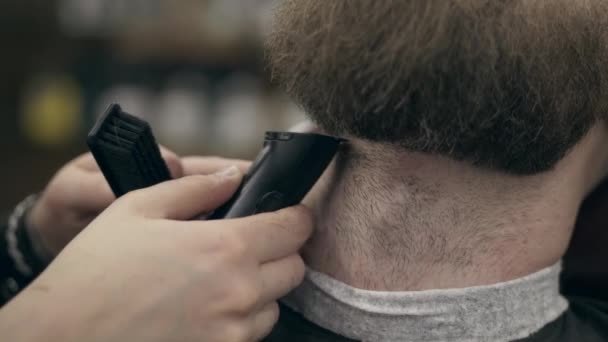 Young handsome bearded man at barbershop, slow motion 50fps to 25fps. Beard trimming - Filmati, video