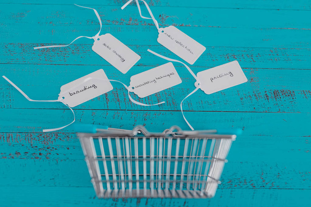 кошик з ціновими тегами з маркетинговими концепціями написаними
  - Фото, зображення