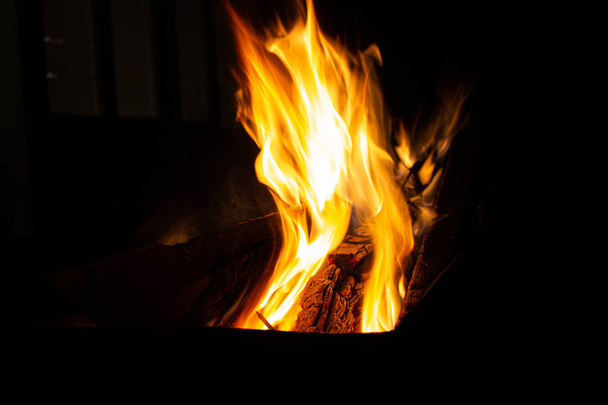Вночі вогонь горить на грилі. яскравий вогонь, дерево. полум'я вночі
 - Фото, зображення