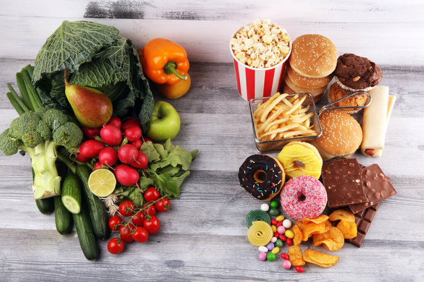 healthy or unhealthy food. Concept photo of healthy and unhealth - Фото, изображение
