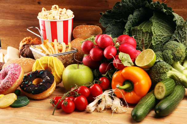 healthy or unhealthy food. Concept photo of healthy and unhealth - 写真・画像