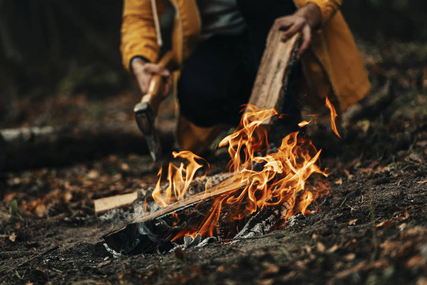Closeup view of a camp fire, Dark forest background during a cold autumn evening - 写真・画像