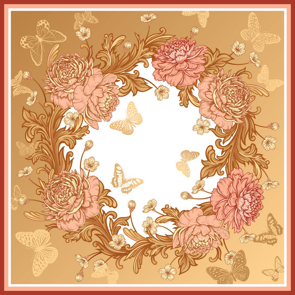 Цветочный узор. Венок из роскошных цветов пионы, барокко хлев
 - Вектор,изображение
