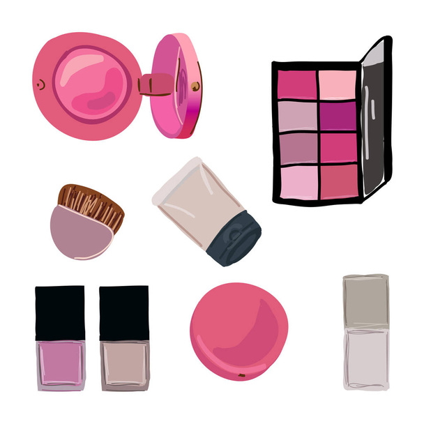 Set cosméticos decorativos: base, rubor, cepillo de rubor, esmalte de uñas, lápiz labial, sombra de ojos
 - Vector, imagen