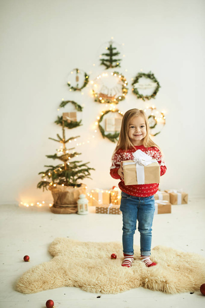 portrait of a beautiful little girl in a red Christmas sweater w - Photo, Image