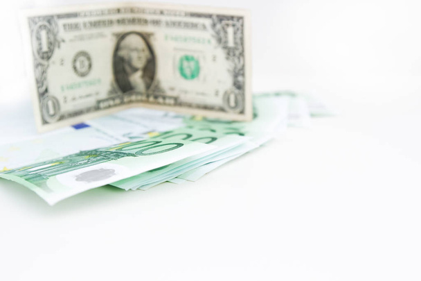 American dollar closeup of blue euro money banknotes. Money savings concept. Euro cash on white background. - Zdjęcie, obraz