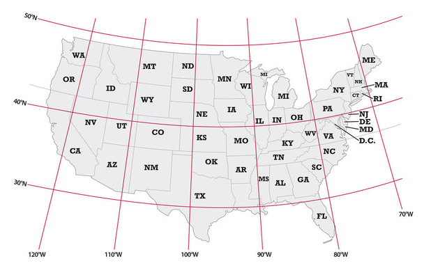 mapa administrativo Estados Unidos con latitud y longitud
 - Vector, Imagen