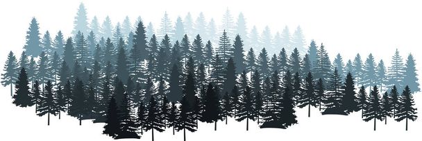 Lesní silueta Krajina. Jehličnaté lesní panorama. Zimní vánoční les jedlí silueta. Pozadí vrstev stromů. Vektor - Vektor, obrázek