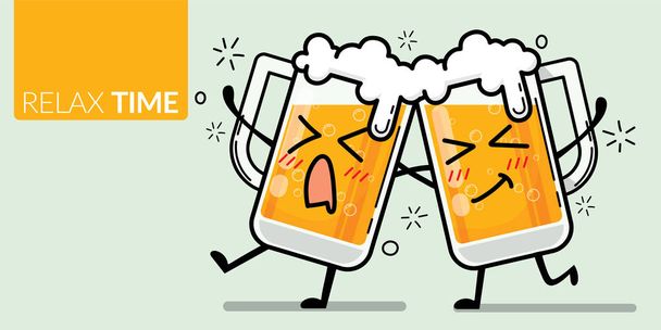 vector of two glass of beer with funny face for drunk emotion with text relax time - Διάνυσμα, εικόνα