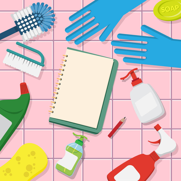 vector conjunto de artículos para el hogar producto de limpieza, herramientas de limpieza de la casa sobre fondo de baldosas de color rosa con página en blanco libro abierto para el espacio de copia
 - Vector, Imagen