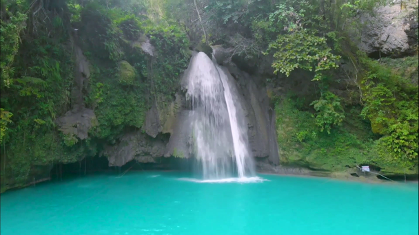 Kawasan Falls op Cebu Island, Filipijnen. Prachtige waterval in tropisch regenwoud.Waterval met natuurlijk zwembad en bamboe vlot in een berg rivier canyon. - Video
