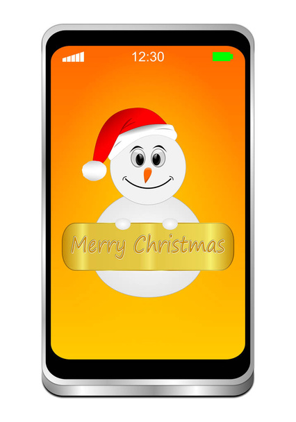 Smartphone decorativo con muñeco de nieve que desea Feliz Navidad en el escritorio naranja - Ilustración 3D
 - Foto, imagen
