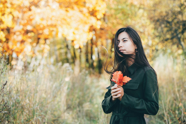 Sonhador menina bonita com longos cabelos pretos naturais no fundo do outono com folhas coloridas em bokeh
 - Foto, Imagem