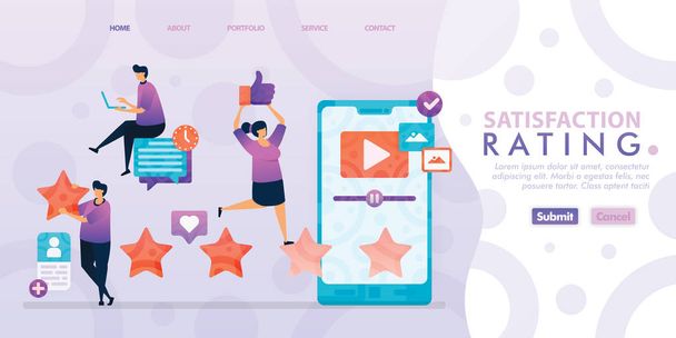 Landing page design of Satisfaction Rating with flat Illustration cartoon character. Business data visualization of layout diagram, banner, web design,  web page, website, homepage, mobile apps, UI, marketing, promotion, advertising, document, ads - Vector, Image