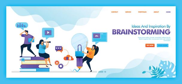 Landing page vector design of ideas dan inspiration by brainstorming. Easy to edit and customize. Modern flat design concept of web, website, mobile apps UI. character cartoon Illustration flat style, marketing, promotion, advertising, document, ads - Vektör, Görsel