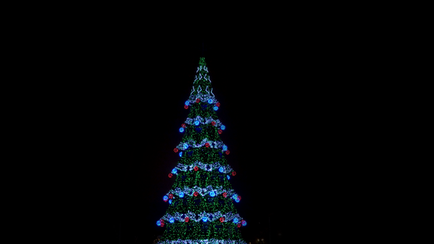 街の通りに鮮やかなぼんやりとしたボケの光を持つクリスマスツリー. - 映像、動画