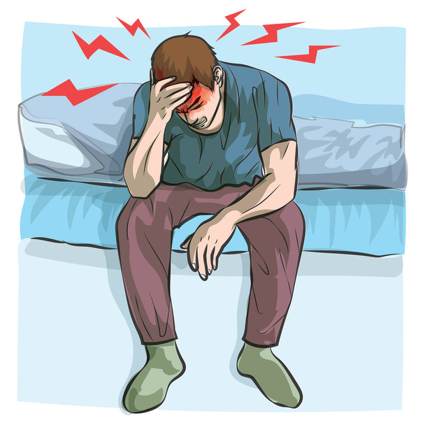 man was very head ache sitting on the bed - Vector, Image