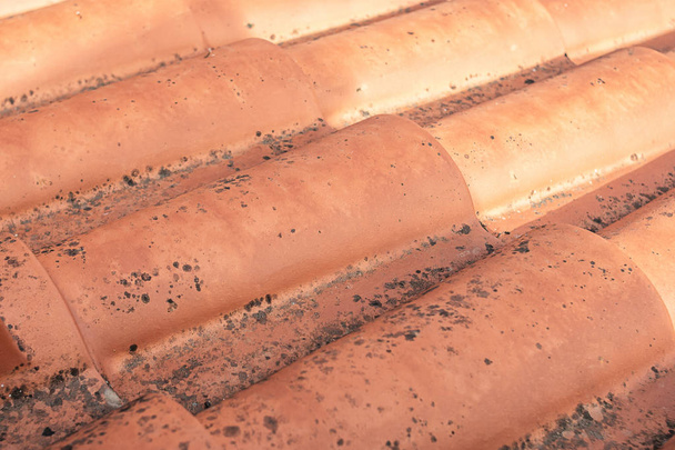 Telhas vermelhas instaladas no telhado de uma casa em um dia ensolarado com sinais de mofo devido aos invernos sofridos e à falta de luz
 - Foto, Imagem