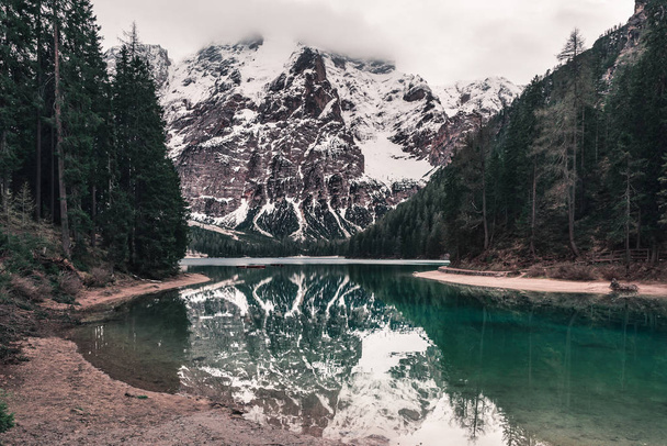 Braies Lake or Lago di Braies in Dolomites mountains, South tyrol, Italy - Zdjęcie, obraz