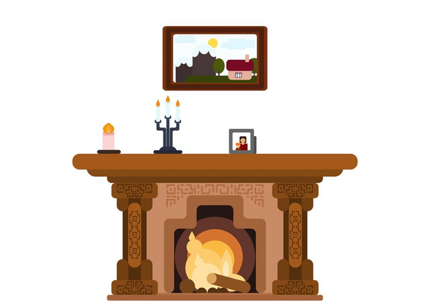 Home wooden fireplace. flat style illustration - Photo, Image