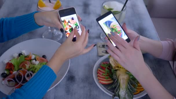 blogging, chicas manos viendo fotos de hermosa comida en el teléfono móvil durante sabroso almuerzo de dieta para bajar de peso
 - Imágenes, Vídeo