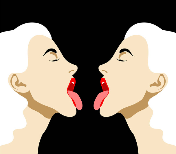 Vector hand drawn illustration of girls with open mouth and tongue . Creative artwork. Template for card, poster, banner, print for t-shirt, pin, badge, patch. - Vektor, obrázek