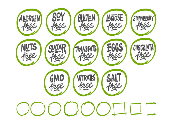 Conjunto de etiquetas de alimentos: alérgenos, productos sin OMG. Frase de letras dibujadas a mano aisladas sobre fondo blanco. Ilustración vectorial
 - Vector, imagen