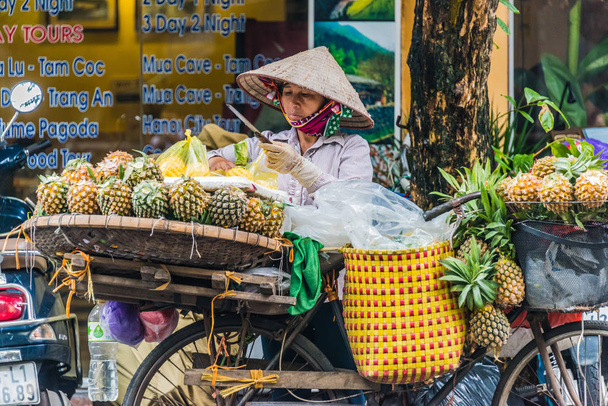 Vietnamese vrouw verkoopt fruit op een fiets in Hanoi, Vietnam - Foto, afbeelding