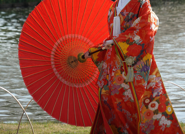 Κόκκινο κιμονό με δώδεκα στρώσεις (ιαπωνική εθνική ενδυμασία) - Φωτογραφία, εικόνα
