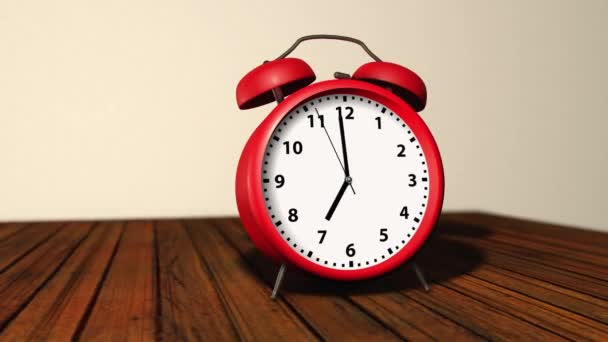 Reloj despertador rojo retro con dos campanas en la parte superior, sonando a las 7 en punto
 - Metraje, vídeo