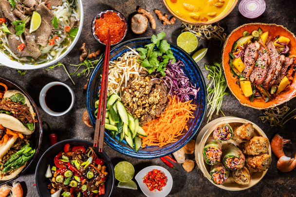 Top view composition of various Asian food in bowl - Foto, Imagen