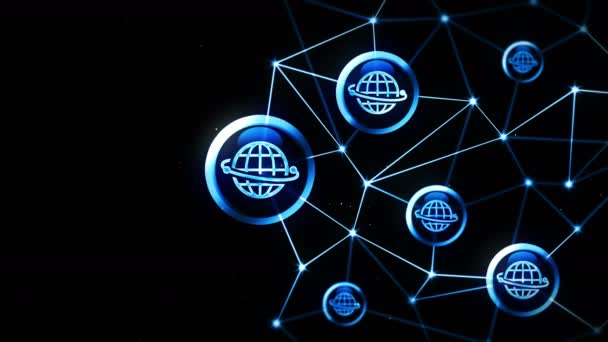 Server data space with earth icons floating. Internet connection structure. International communication. Business concept.Polygonal space with connecting dots and lines. Wireframe polygon and icon. - 映像、動画