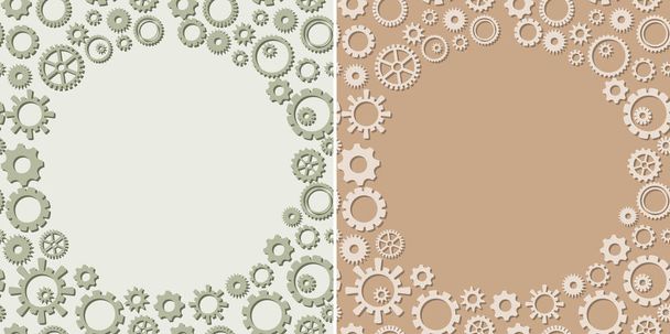 round frames on green and brown backgrounds with gears - vector with cogwheels - Vector, Image