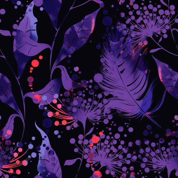 naadloos patroon met twijgen, bloemen en veren in boho stijl  - Foto, afbeelding