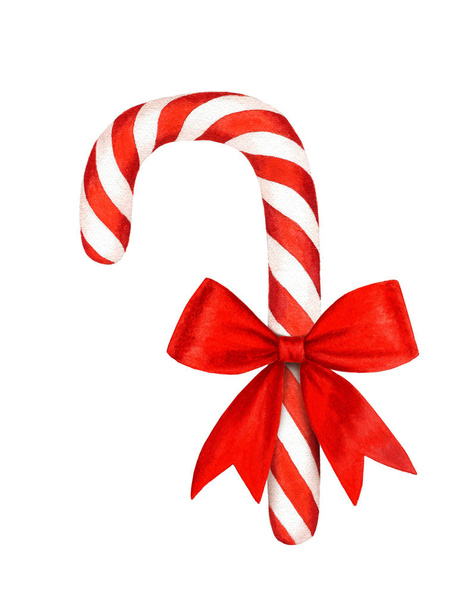 Striped Candy trzciny z czerwonym łukiem akwarela ilustracja izolowane na białym tle nadaje się do świąt Bożego Narodzenia lub wzorów żywności - Zdjęcie, obraz