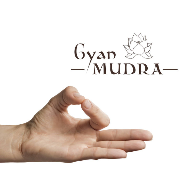 Gyan mudra. Yogic hand gesture on white isolated background. - Photo, Image