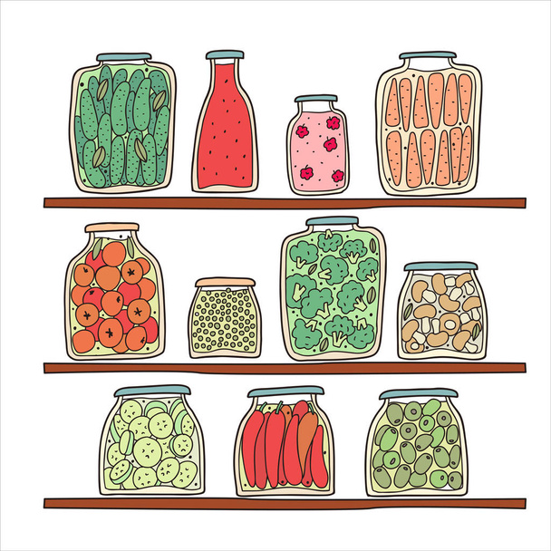 自家製の缶詰野菜とガラス瓶を設定します。秋のマリネ食品。健康的な食事セット。手描きの漫画イラスト. - ベクター画像