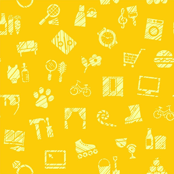 Shops, seamless pattern, color, hatching, yellow, vector. Different product categories. Imitation of pencil hatching.   - Vector, imagen