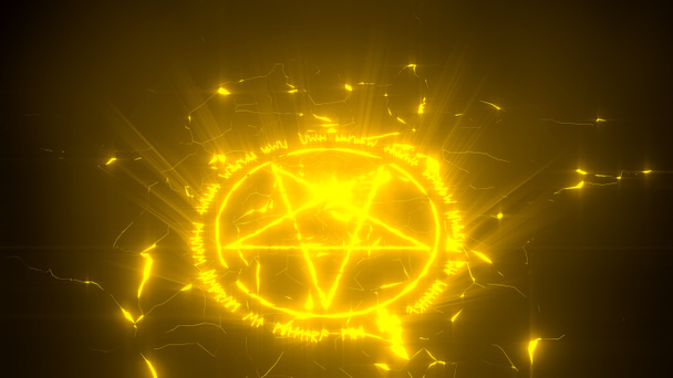 summon circle with pentagram on center. runic words for calling demons. glowing details in dark. 3d illustration - Photo, Image