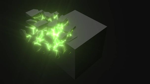 παράξενα ραγισμένο κύβο. τεχνολογική και μυστικιστική εμφάνιση με λαμπερό πράσινο εσωτερικό λεπτομέρειες. 3D εικονογράφηση - Φωτογραφία, εικόνα