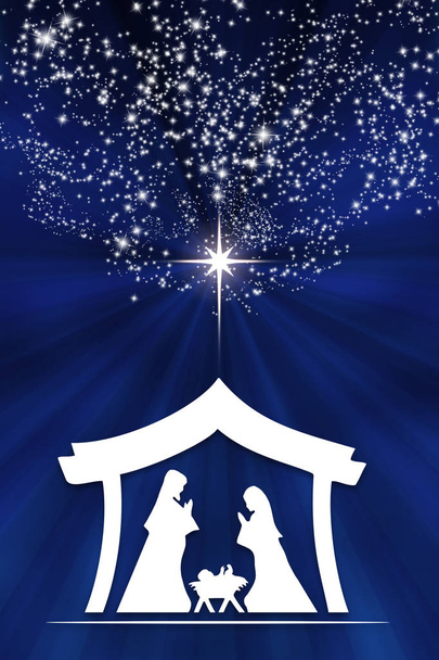 Blue Christmas Nativity scene card background, with white silhouettes on blue starry sky at night. - Photo, Image