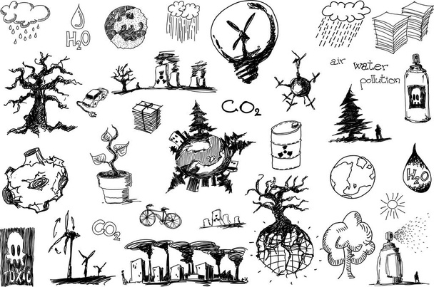 muchos bocetos dibujados a mano de temas relacionados con la naturaleza y el medio ambiente y la ecología y los árboles y la energía eólica
 - Vector, Imagen