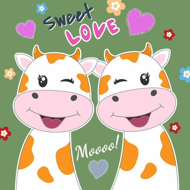 Lovely cartoon two cows with text sweet love on green background. - Διάνυσμα, εικόνα
