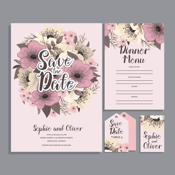 ピンクの花とカードのセット-結婚式の装飾コンセプト. - ベクター画像