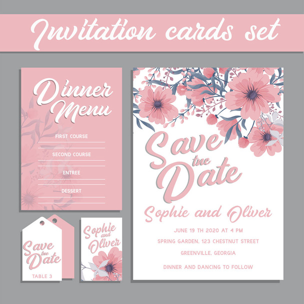 Készlet kártya rózsaszín virág - esküvői dísz koncepció. - Vektor, kép
