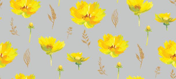 zökkenőmentes akvarell minta virágokkal és arany levelekkel. aranyos minta egy akvarell sárga virágok egy szürke háttér - Vektor, kép